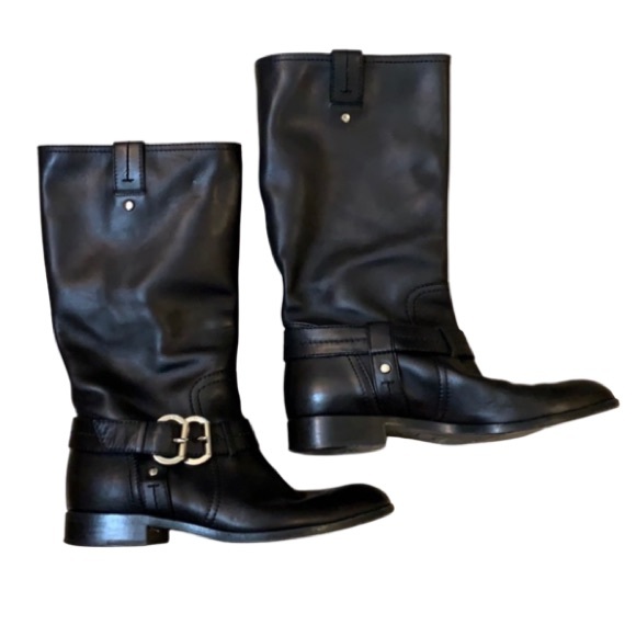 DIOR Black Leather Tall Moto Boots with Silver Designer Logo Buckles - Picture 3 of 10